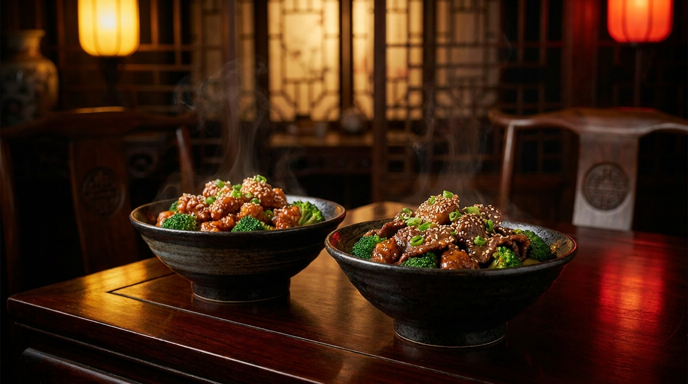 General Tso's chicken and beef with broccoli